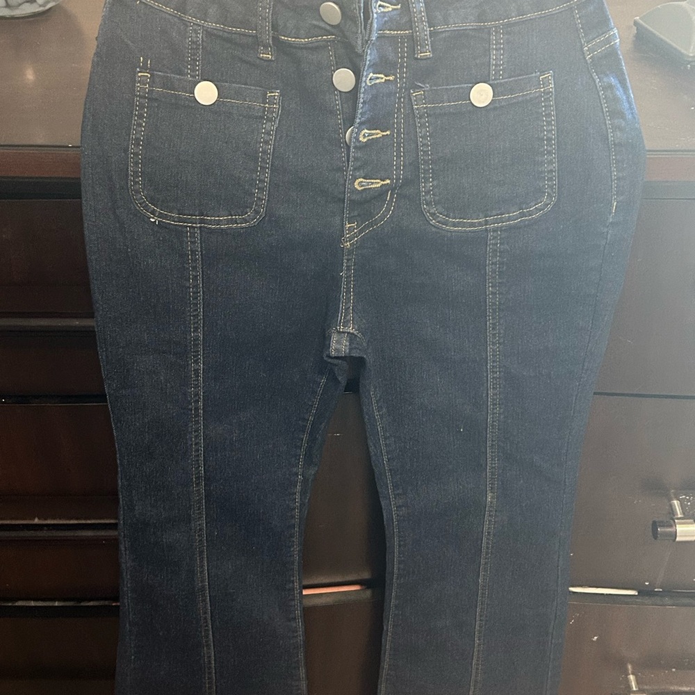 Blue Flare Jeans with Center Seam and Topstitching